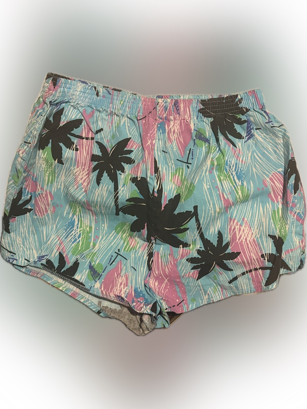 VTG Miami Vice Hoochie Daddy Men’s Neon Palm-Print Swim Trunks — 80s Size Large